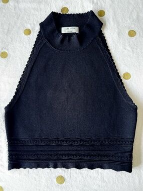 Babaton Aritzia Black Halter Cropped Fine Sculpt Knit Sweater EUC Large